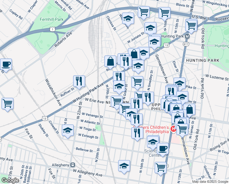 map of restaurants, bars, coffee shops, grocery stores, and more near 1917 West Carey Street in Philadelphia