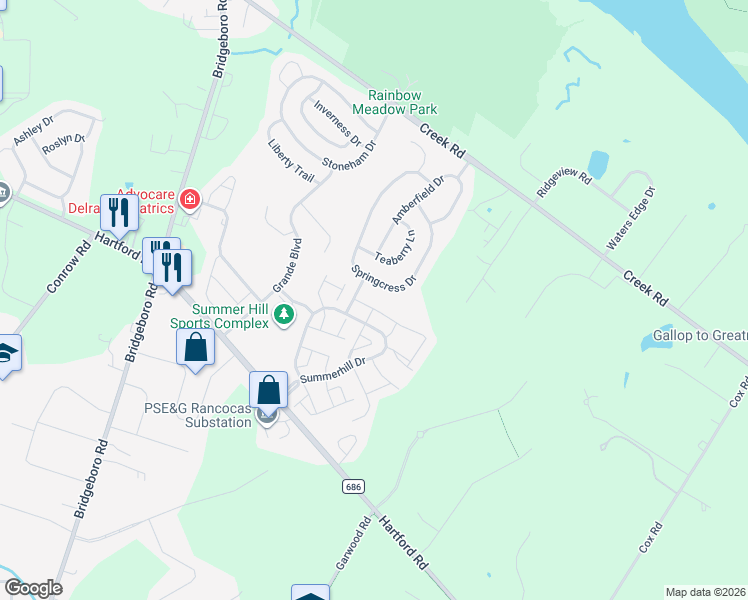 map of restaurants, bars, coffee shops, grocery stores, and more near 18 Foxglove Drive in Delran