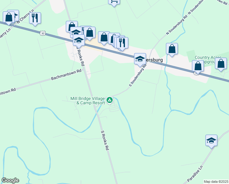map of restaurants, bars, coffee shops, grocery stores, and more near 58 South Soudersburg Road in Soudersburg