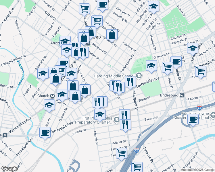 map of restaurants, bars, coffee shops, grocery stores, and more near 4569 Ditman Street in Philadelphia