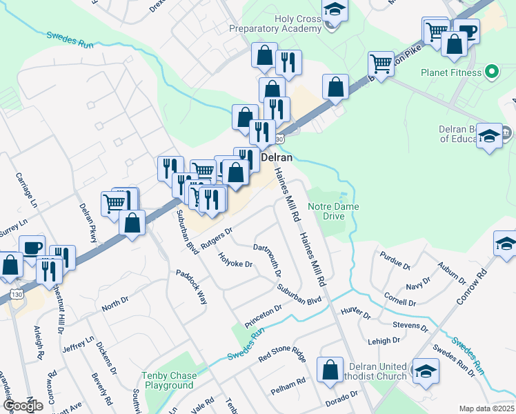 map of restaurants, bars, coffee shops, grocery stores, and more near 13 Rutgers Drive in Delran