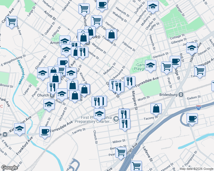 map of restaurants, bars, coffee shops, grocery stores, and more near 4550-52 Ditman Street in Philadelphia
