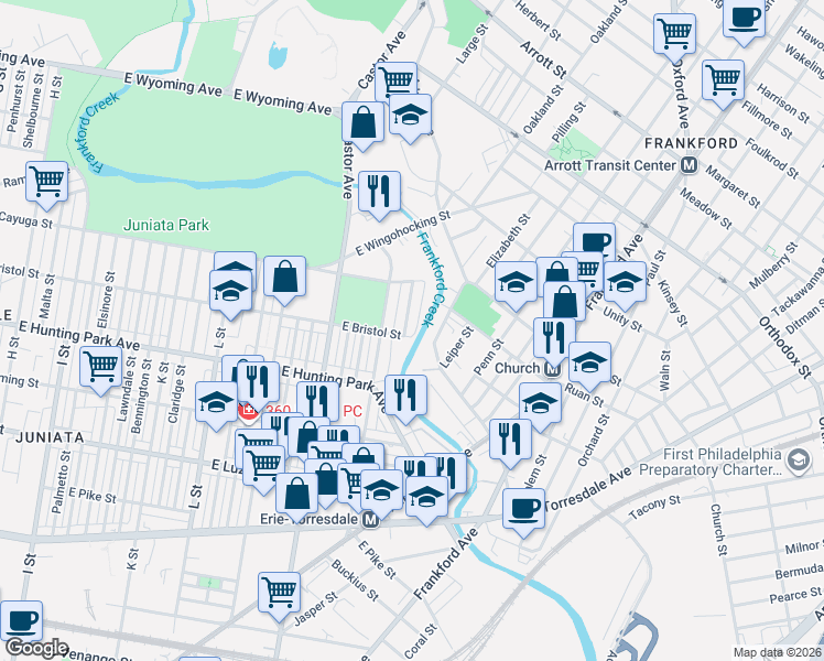 map of restaurants, bars, coffee shops, grocery stores, and more near 1300 Adams Avenue in Philadelphia