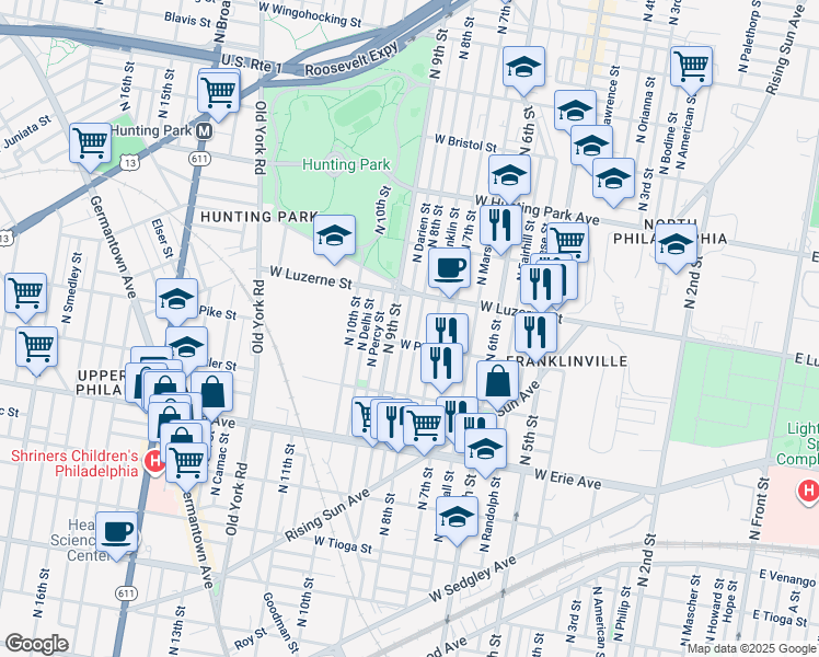 map of restaurants, bars, coffee shops, grocery stores, and more near 3919 North Darien Street in Philadelphia