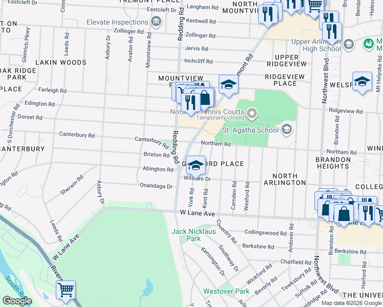 map of restaurants, bars, coffee shops, grocery stores, and more near 2715 York Road in Columbus