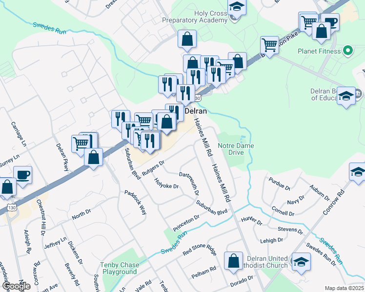 map of restaurants, bars, coffee shops, grocery stores, and more near 13 Rutgers Drive in Delran