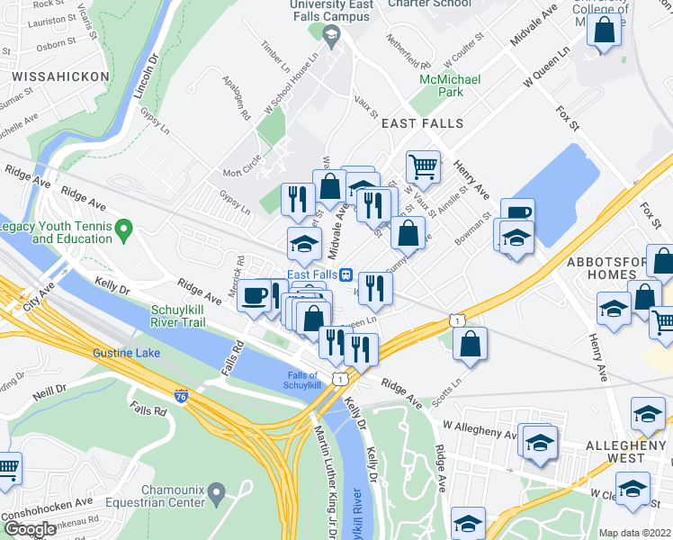 map of restaurants, bars, coffee shops, grocery stores, and more near Cresson St & New Queen St in Philadelphia