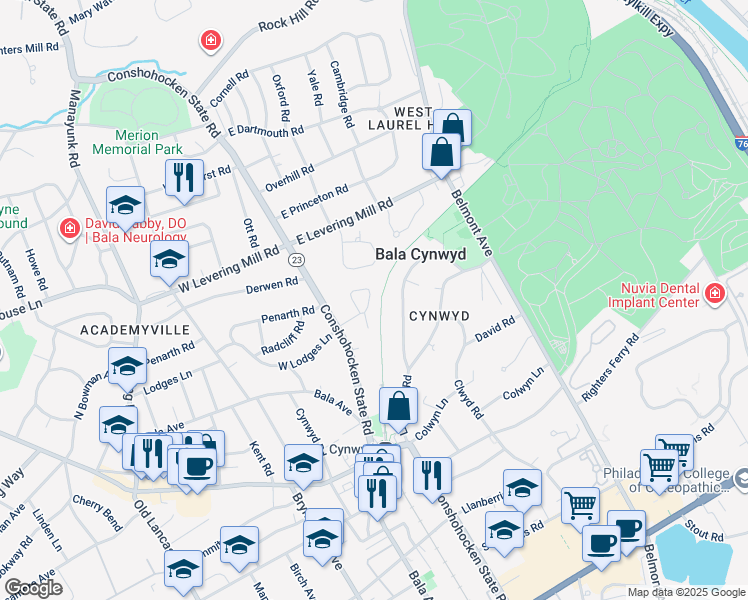 map of restaurants, bars, coffee shops, grocery stores, and more near 8 East Lodges Lane in Bala Cynwyd