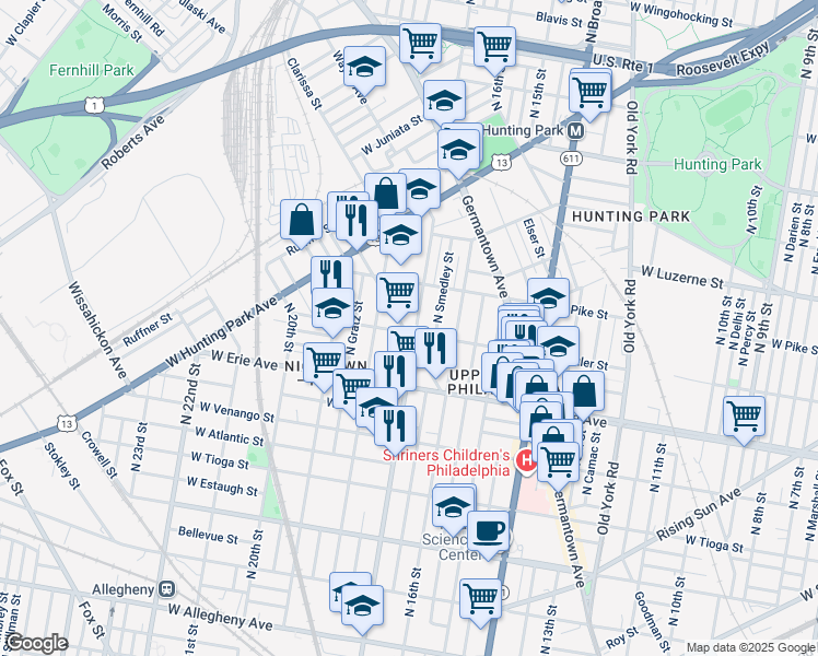 map of restaurants, bars, coffee shops, grocery stores, and more near 1705 West Butler Street in Philadelphia