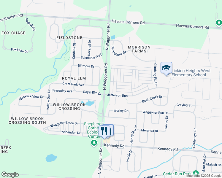 map of restaurants, bars, coffee shops, grocery stores, and more near 1358 Hepatica Street in Blacklick