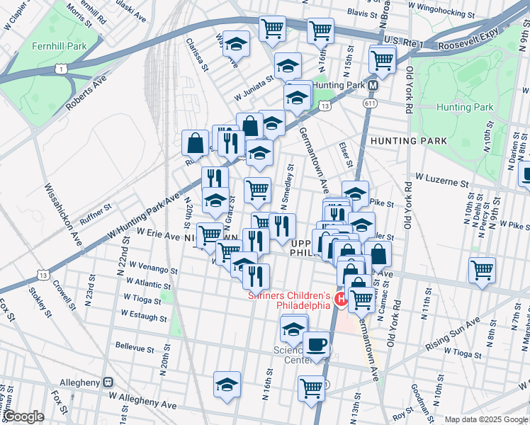 map of restaurants, bars, coffee shops, grocery stores, and more near 1705 West Butler Street in Philadelphia