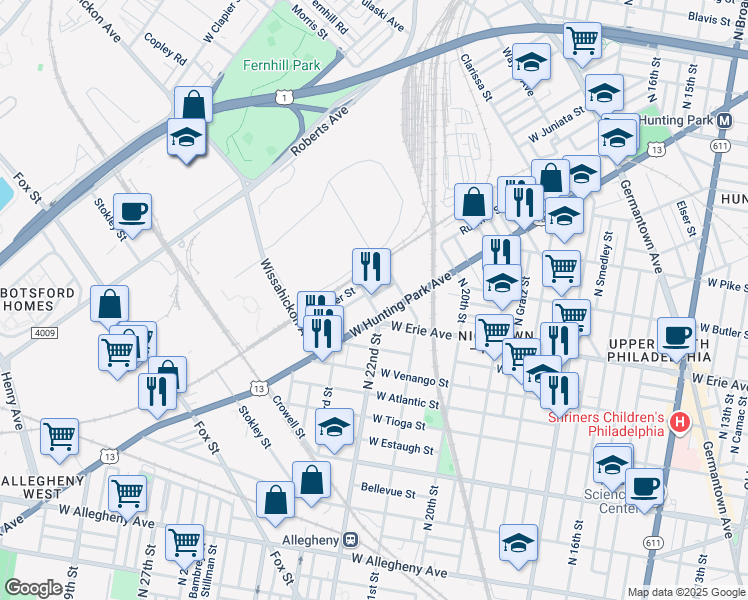 map of restaurants, bars, coffee shops, grocery stores, and more near 3709 Schuyler Street in Philadelphia