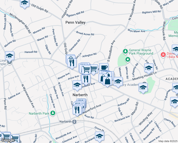 map of restaurants, bars, coffee shops, grocery stores, and more near 526 Brookhurst Avenue in Penn Valley