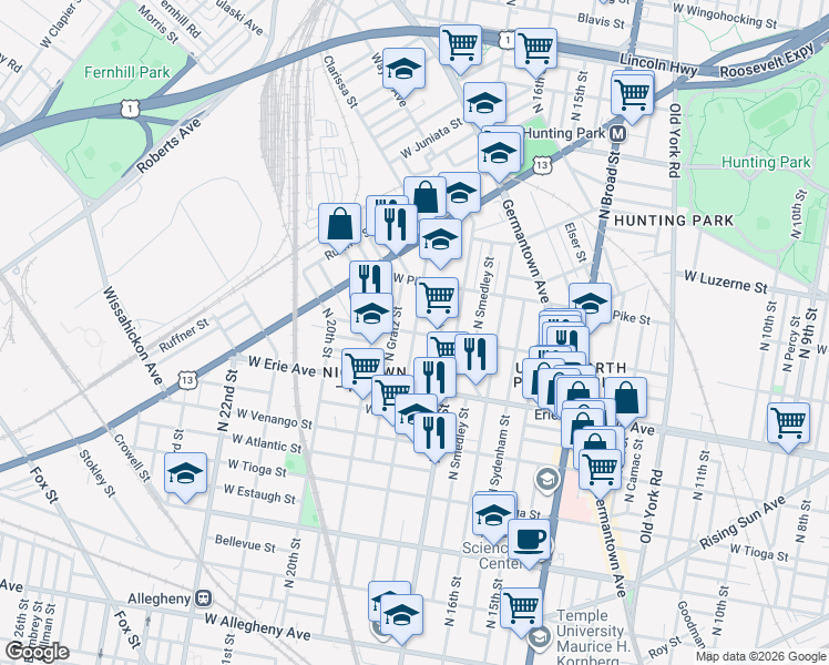 map of restaurants, bars, coffee shops, grocery stores, and more near N 18th St & W Butler St in Philadelphia
