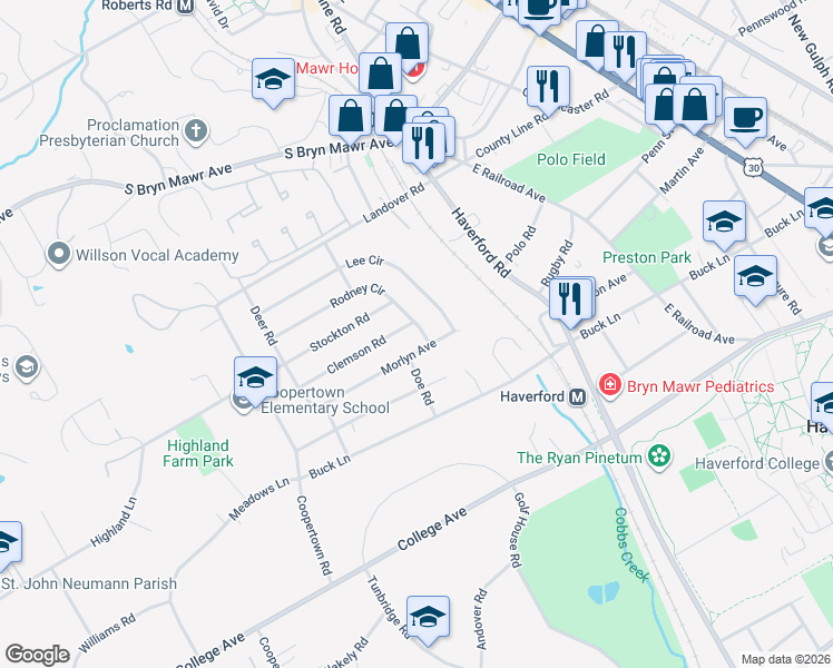 map of restaurants, bars, coffee shops, grocery stores, and more near 203 Morlyn Avenue in Bryn Mawr