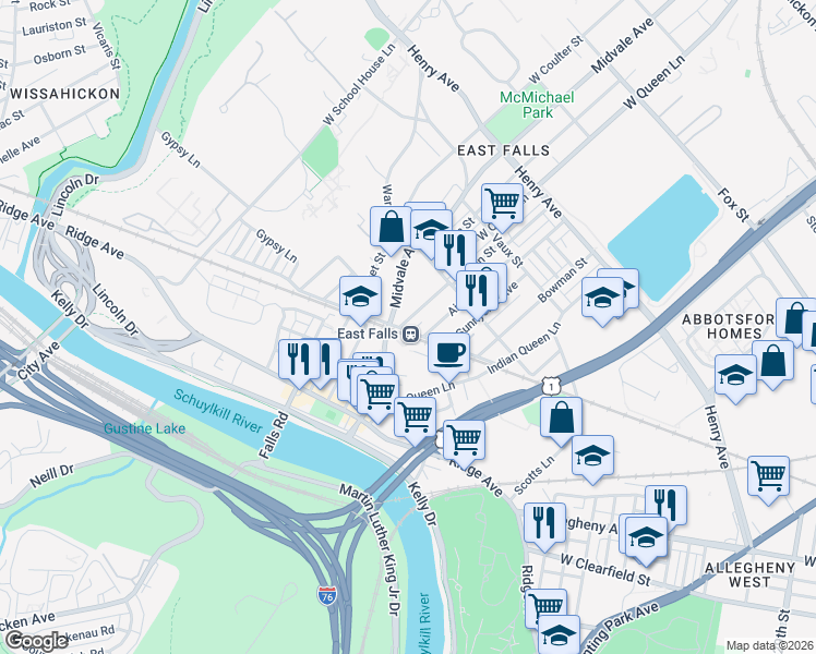 map of restaurants, bars, coffee shops, grocery stores, and more near 3317 Cresson Street in Philadelphia