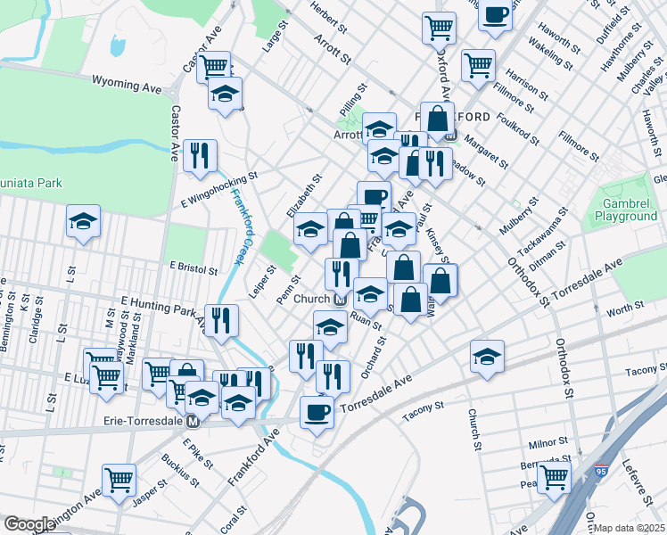 map of restaurants, bars, coffee shops, grocery stores, and more near 4309 Griscom Street in Philadelphia