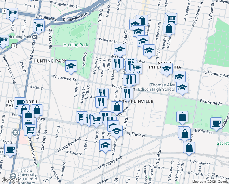 map of restaurants, bars, coffee shops, grocery stores, and more near 3901 North 6th Street in Philadelphia
