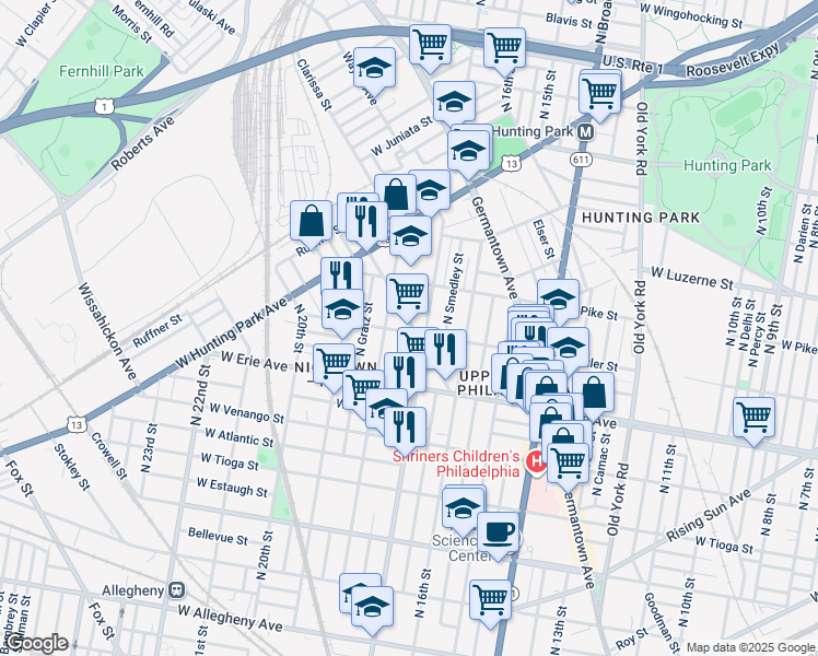 map of restaurants, bars, coffee shops, grocery stores, and more near 1707 W Butler St in Philadelphia