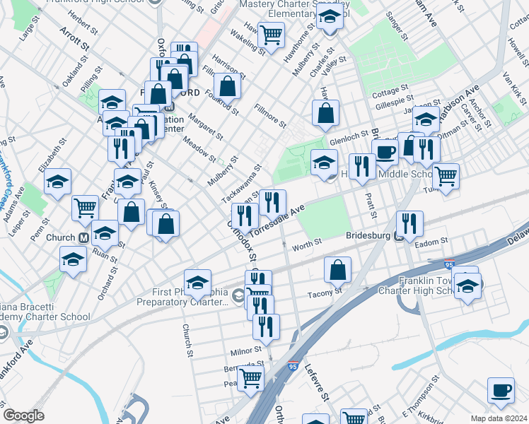 map of restaurants, bars, coffee shops, grocery stores, and more near 2051 Wilmot Street in Philadelphia