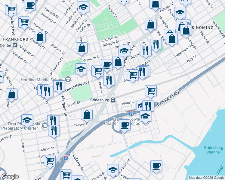 map of restaurants, bars, coffee shops, grocery stores, and more near Harbison Ave & Bridge St in Philadelphia