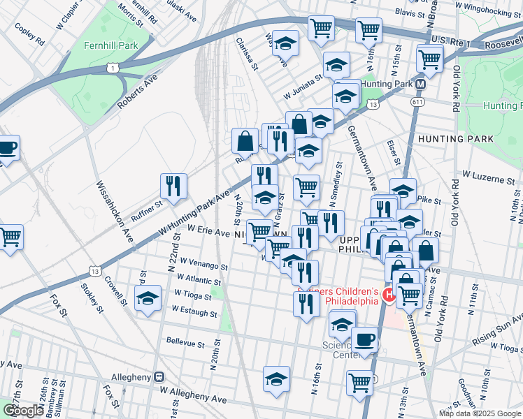 map of restaurants, bars, coffee shops, grocery stores, and more near 3732 North 19th Street in Philadelphia