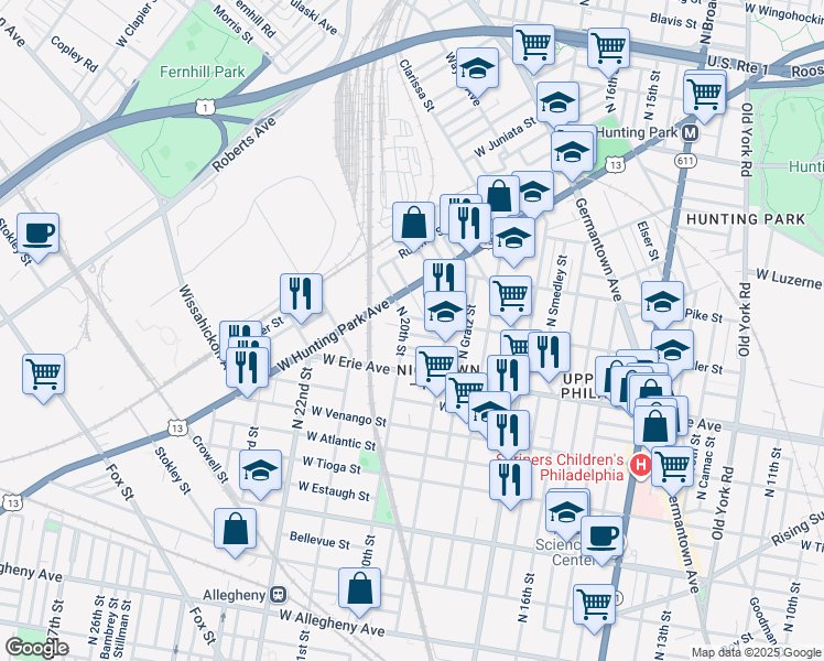 map of restaurants, bars, coffee shops, grocery stores, and more near 1941 West Carey Street in Philadelphia