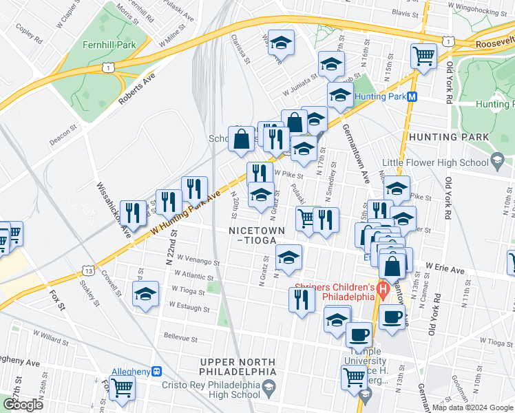map of restaurants, bars, coffee shops, grocery stores, and more near 3732 North 19th Street in Philadelphia