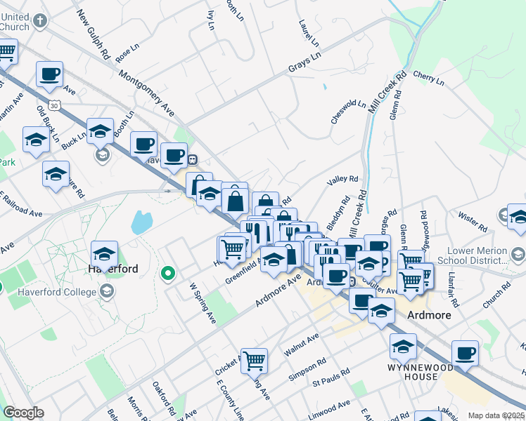 map of restaurants, bars, coffee shops, grocery stores, and more near 50 Woodside Road in Ardmore