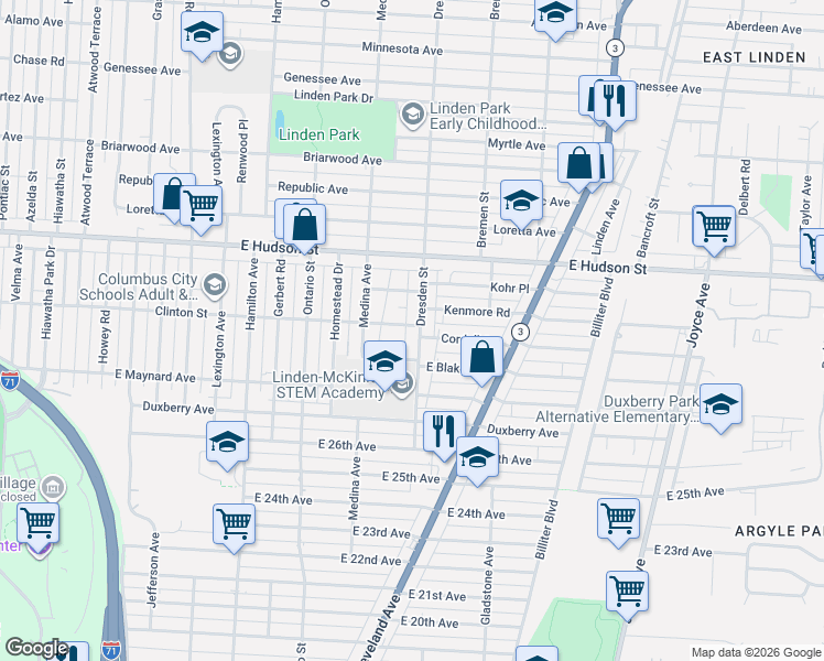 map of restaurants, bars, coffee shops, grocery stores, and more near 2186 Dresden Street in Columbus