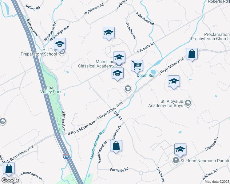 map of restaurants, bars, coffee shops, grocery stores, and more near 401 Barbara Lane in Bryn Mawr