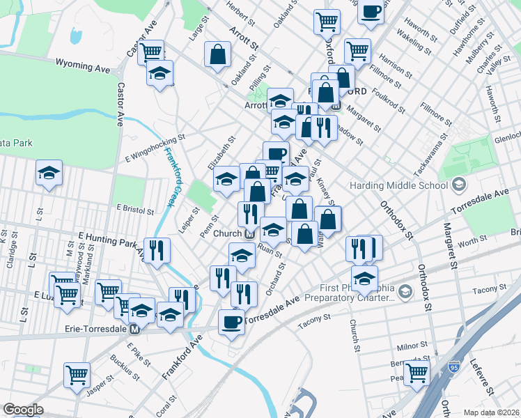 map of restaurants, bars, coffee shops, grocery stores, and more near in Philadelphia