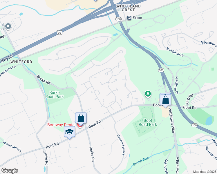 map of restaurants, bars, coffee shops, grocery stores, and more near Belvidere Circle in West Chester