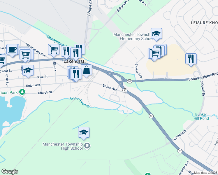 map of restaurants, bars, coffee shops, grocery stores, and more near 10 Second Lane in Lakehurst