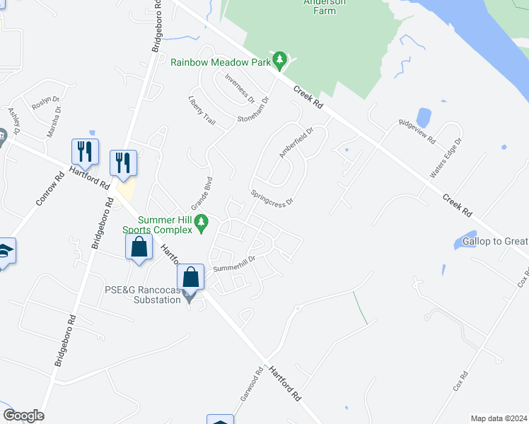 map of restaurants, bars, coffee shops, grocery stores, and more near 23 Foxglove Drive in Delran