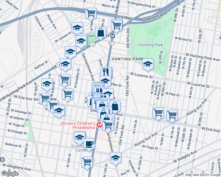 map of restaurants, bars, coffee shops, grocery stores, and more near 1323 West Butler Street in Philadelphia