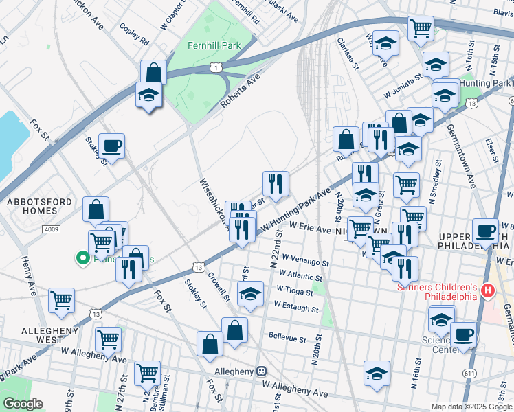 map of restaurants, bars, coffee shops, grocery stores, and more near 2228 Ruffner Street in Philadelphia