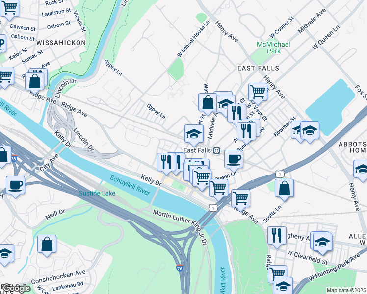 map of restaurants, bars, coffee shops, grocery stores, and more near 3678 Calumet Street in Philadelphia