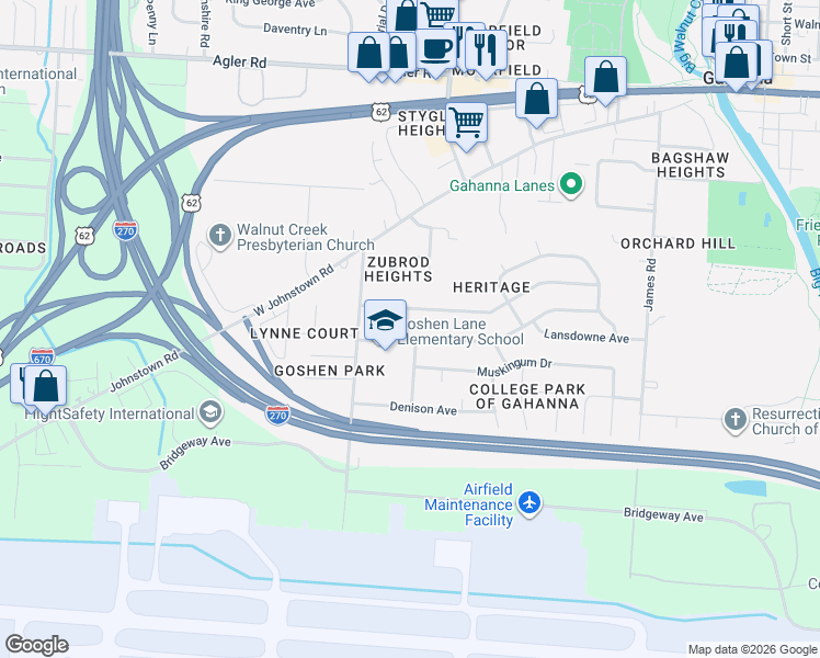 map of restaurants, bars, coffee shops, grocery stores, and more near 364 Bowling Green Place in Columbus