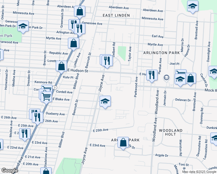 map of restaurants, bars, coffee shops, grocery stores, and more near 2139 Belleek Lane in Columbus