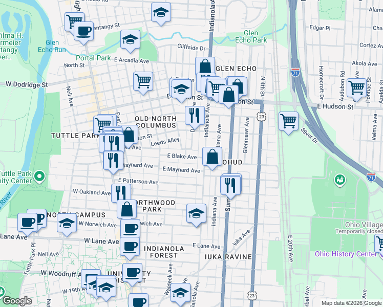 map of restaurants, bars, coffee shops, grocery stores, and more near 232 East Maynard Avenue in Columbus