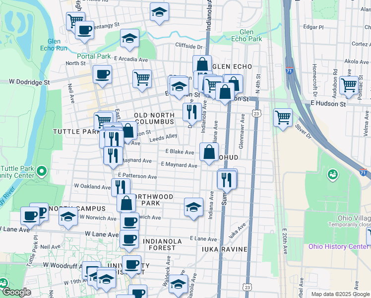 map of restaurants, bars, coffee shops, grocery stores, and more near 232 East Maynard Avenue in Columbus
