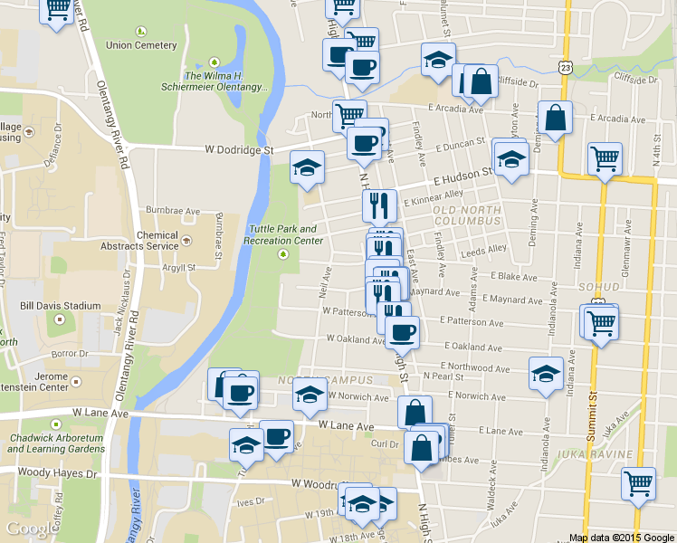 map of restaurants, bars, coffee shops, grocery stores, and more near in Columbus