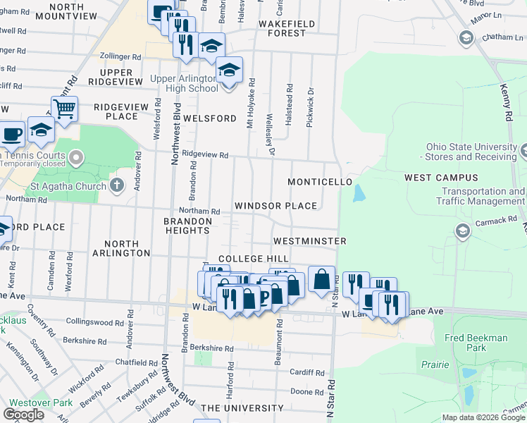 map of restaurants, bars, coffee shops, grocery stores, and more near 2615 Wellesley Drive in Columbus