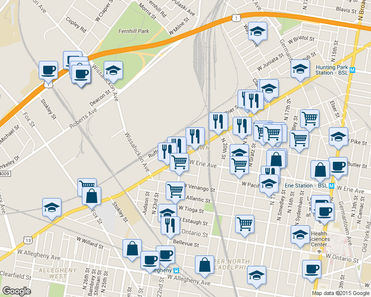 map of restaurants, bars, coffee shops, grocery stores, and more near 2113 West Hunting Park Avenue in Philadelphia