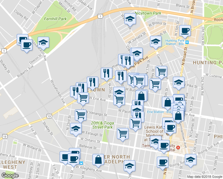 map of restaurants, bars, coffee shops, grocery stores, and more near 1947 West Carey Street in Philadelphia