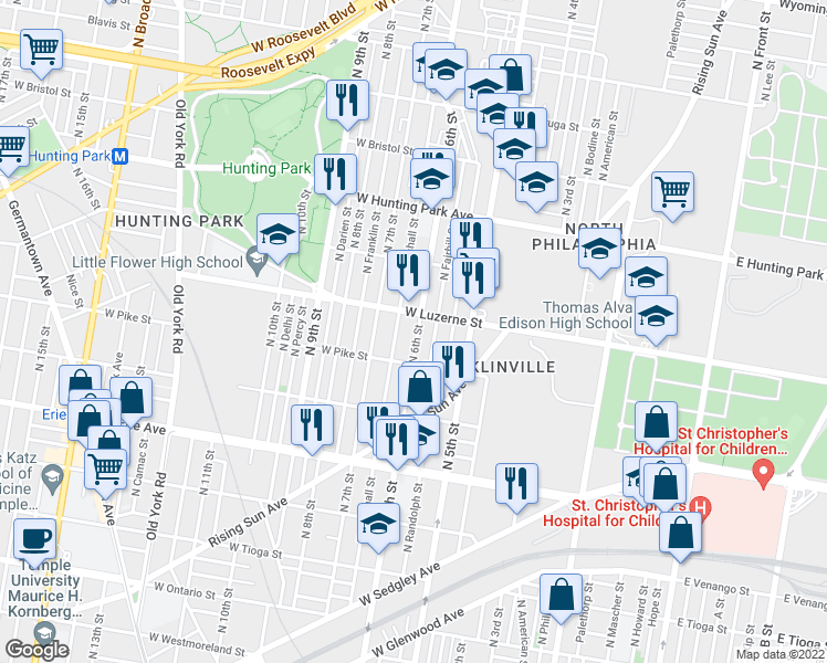 map of restaurants, bars, coffee shops, grocery stores, and more near 3942 North 6th Street in Philadelphia