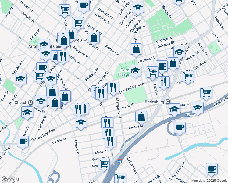 map of restaurants, bars, coffee shops, grocery stores, and more near 2056 Margaret Street in Philadelphia