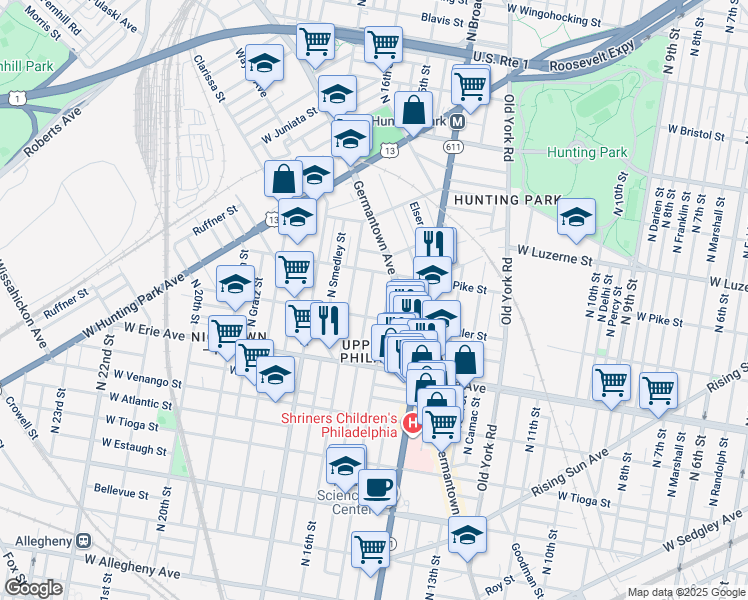 map of restaurants, bars, coffee shops, grocery stores, and more near 3823 North Sydenham Street in Philadelphia