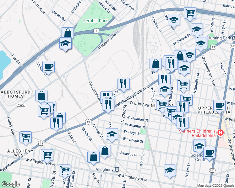 map of restaurants, bars, coffee shops, grocery stores, and more near 2219 Yelland Street in Philadelphia